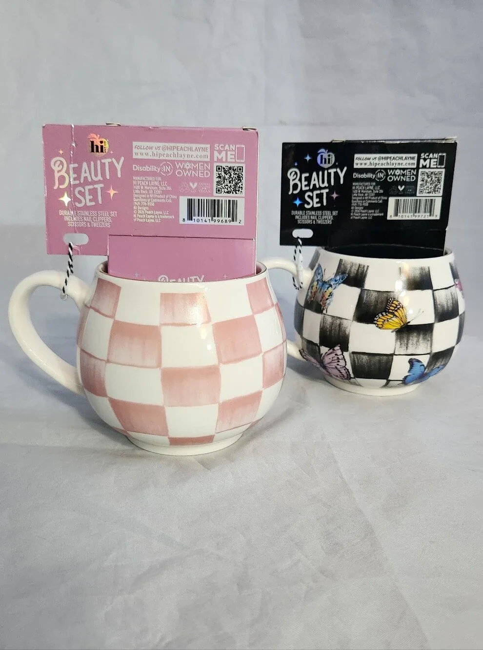 Choice Of Color- Hi Peach Set Of Ceramic Checkered Butterfly Mug with Nail Care